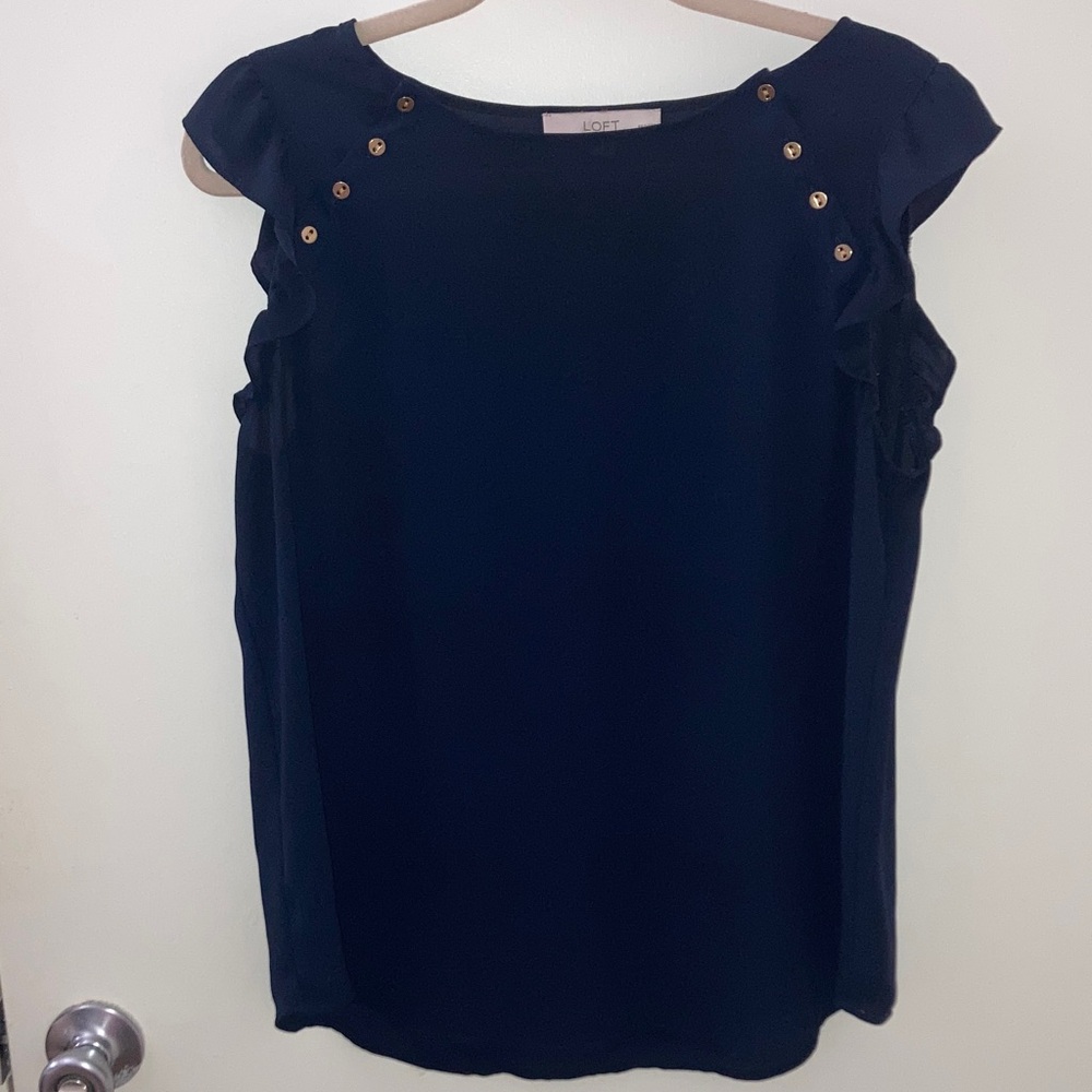 LOFT Navy Blouse with Gold Button Accents Petite